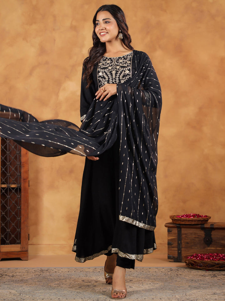 Black Rayon Anarkali Kurta Set With Dupatta