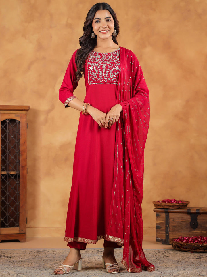 Pink Rayon Anarkali Kurta Set With Dupatta