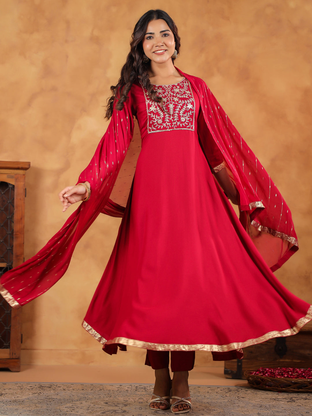 Pink Rayon Anarkali Kurta Set With Dupatta