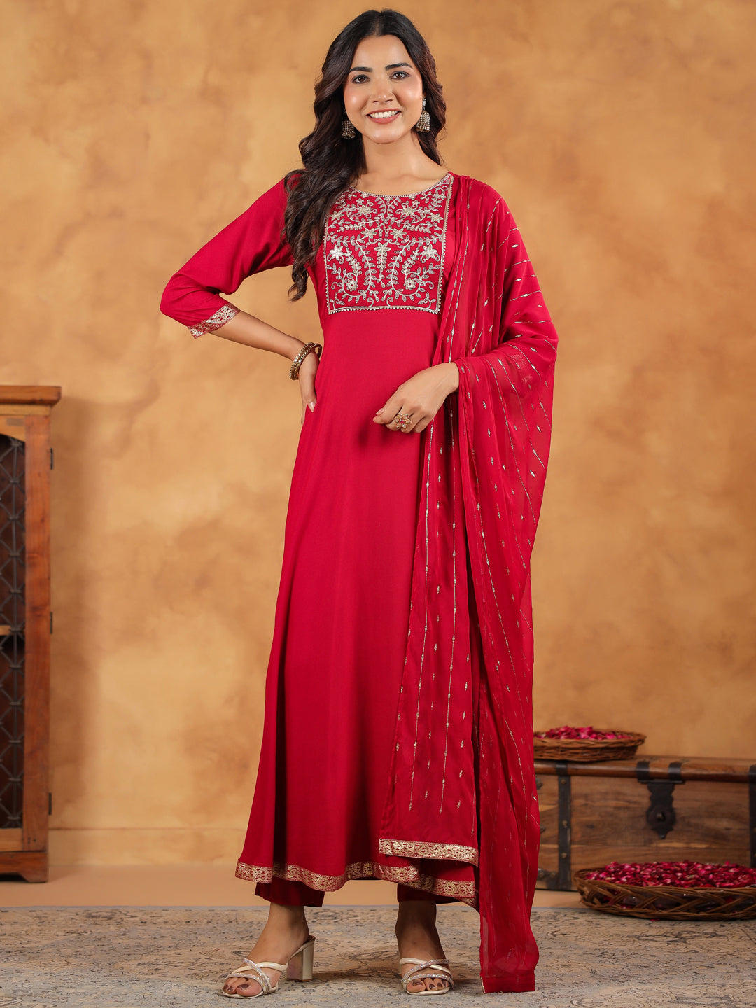 Pink Rayon Fit & Flare Embroidered 3-Piece Kurta Set