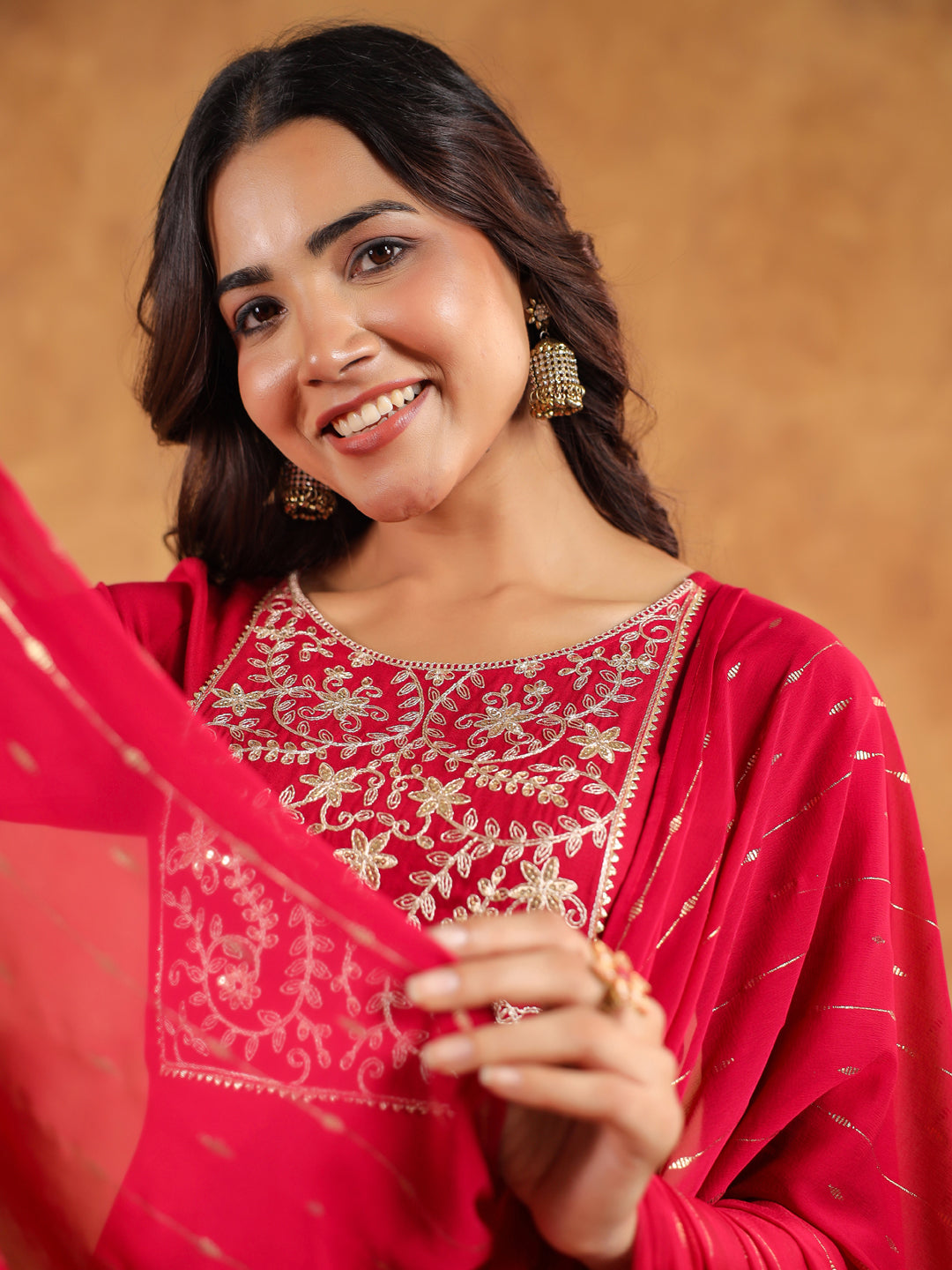 Pink Rayon Fit & Flare Embroidered 3-Piece Kurta Set