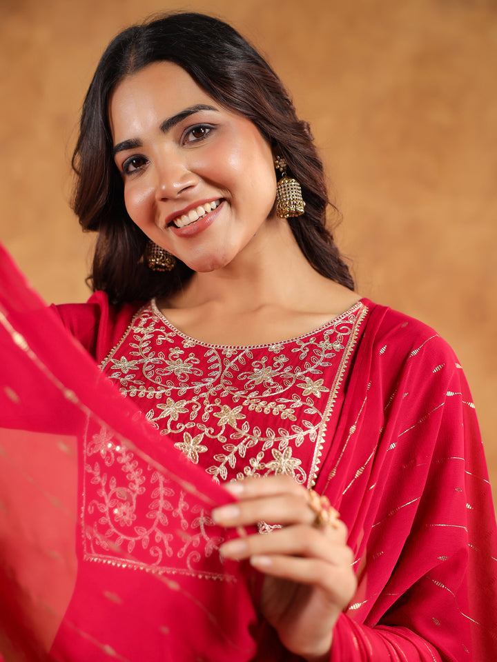 Pink Rayon Fit & Flare Embroidered 3-Piece Kurta Set