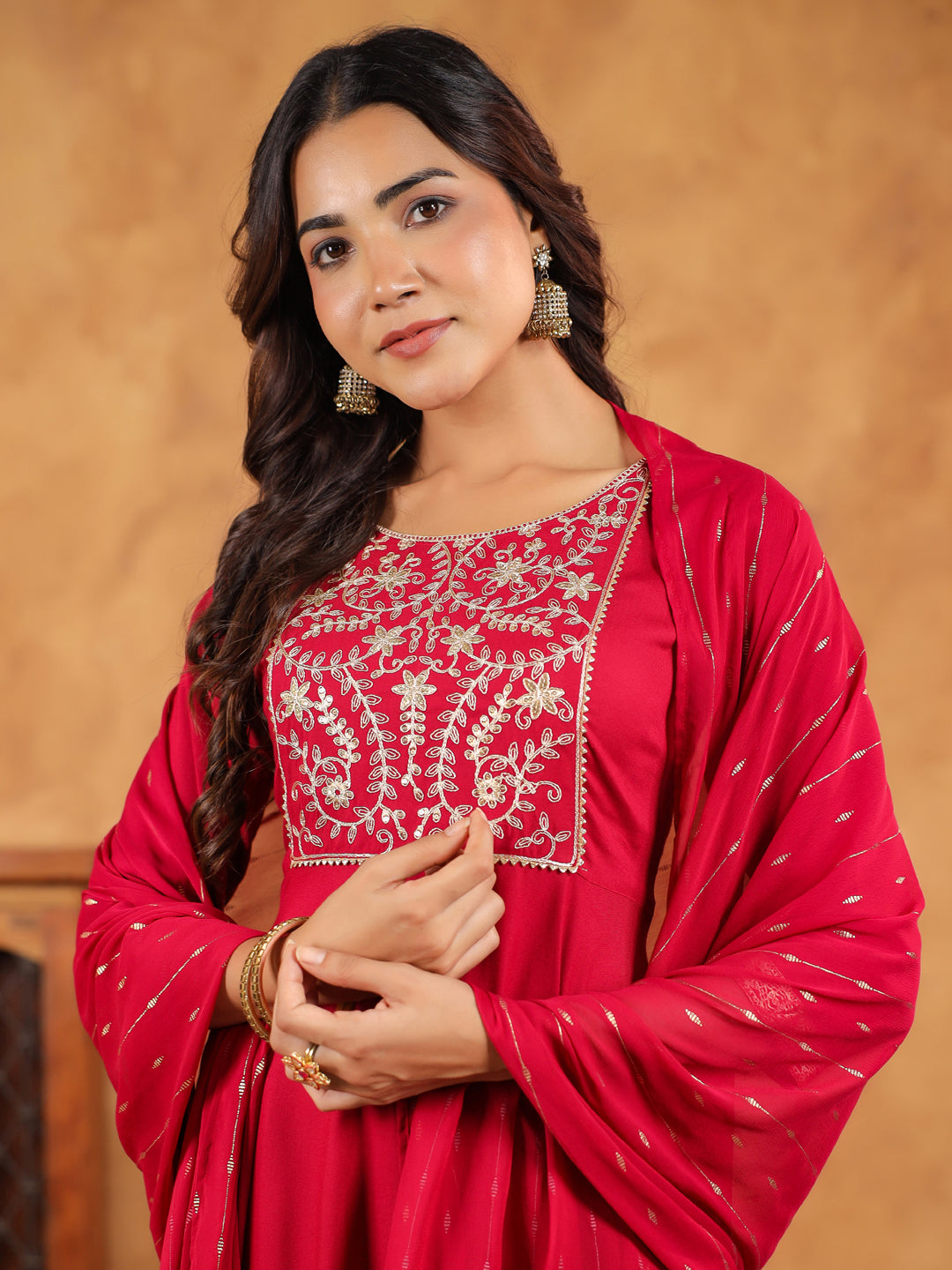 Pink-Rayon-Fit-&-Flare-Embroidered-3-Piece-Kurta-Set