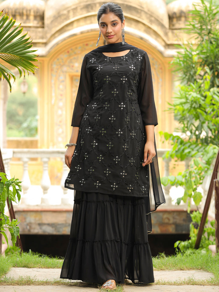 Black Georgette Embroidered Mirror Work Sharara Set