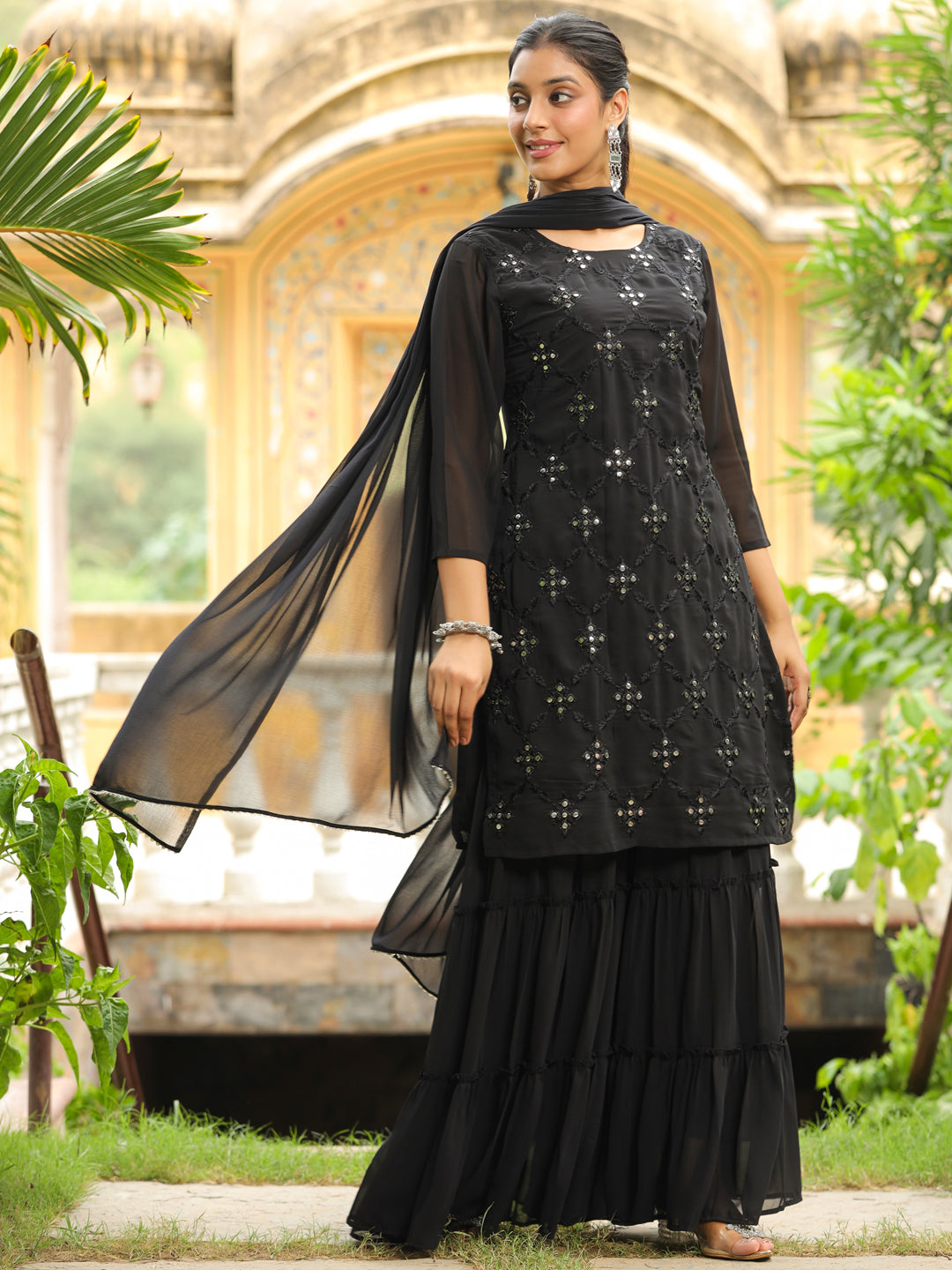 Black Georgette Embroidered Mirror Work Sharara Set