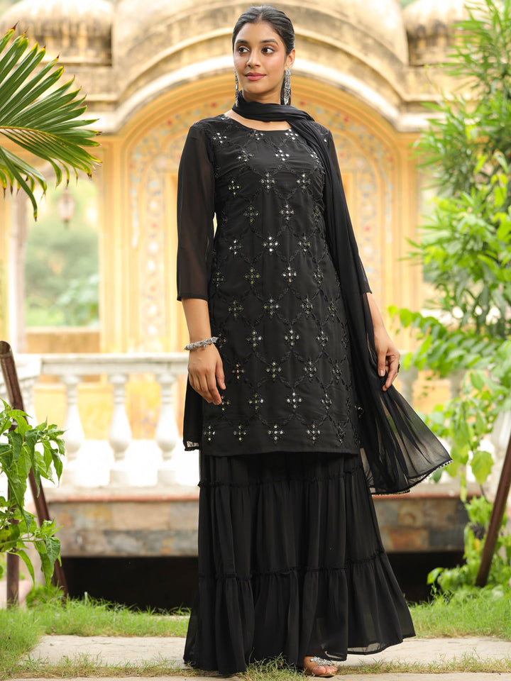 Black Georgette Embroidered Mirror Work Sharara Set