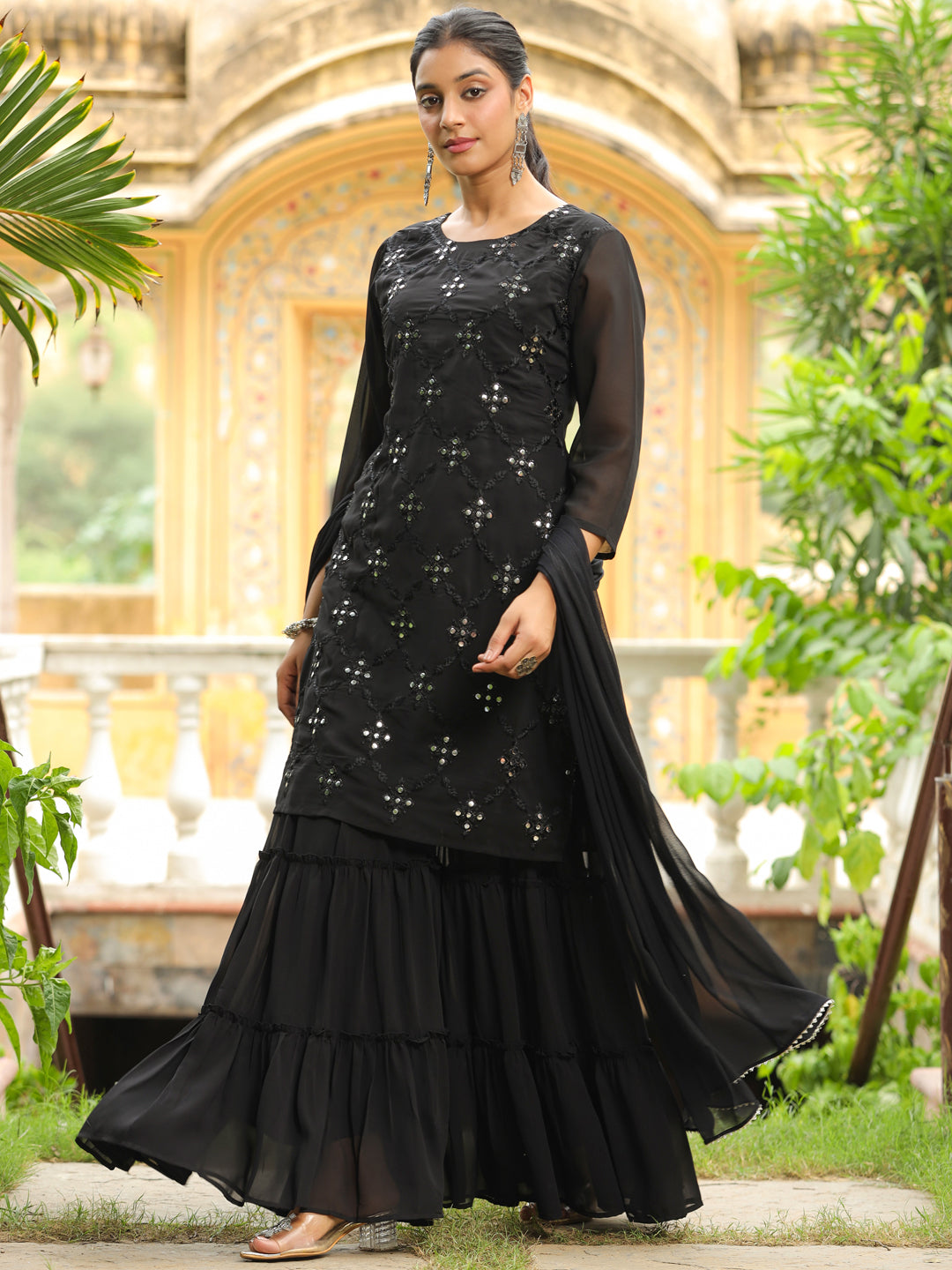 Black Georgette Embroidered Mirror Work Sharara Set