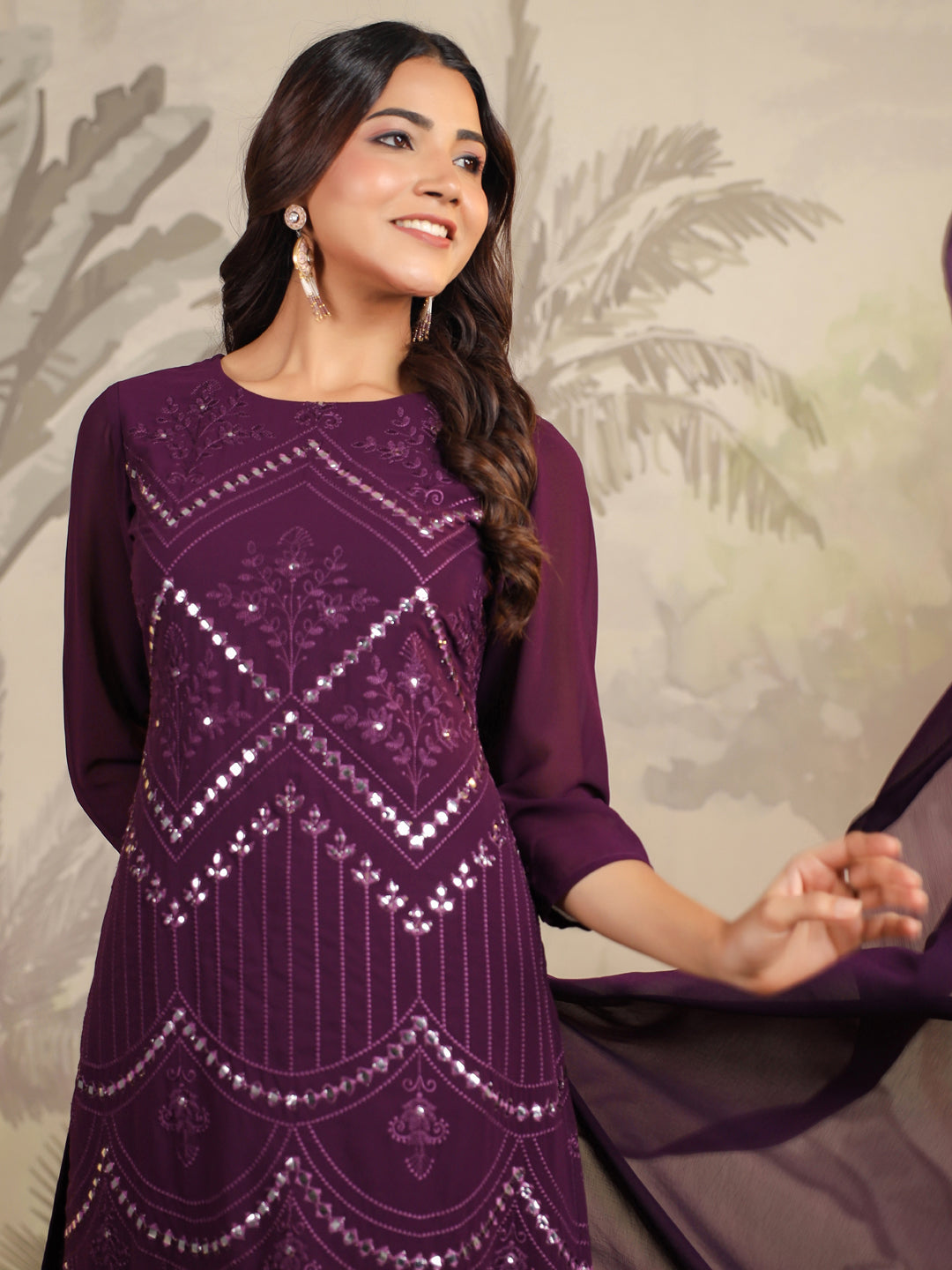 Dark Purple Georgette Mirror Work Kurta Palazzo Set