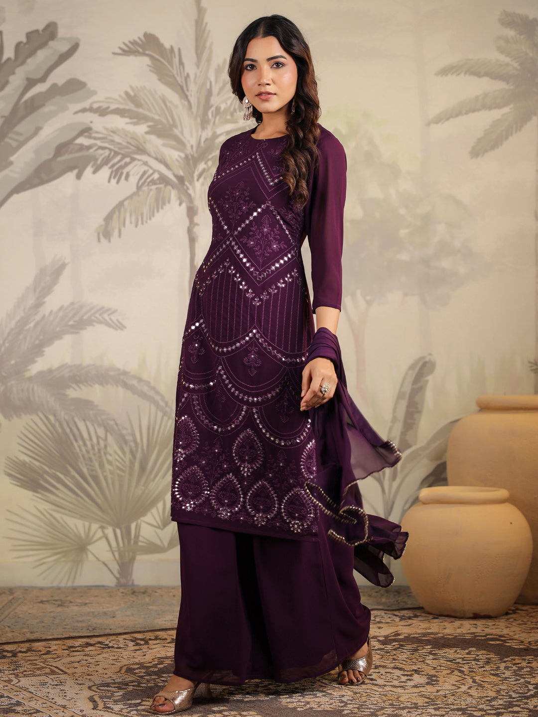 Dark Purple Georgette Mirror Work Kurta Palazzo Set