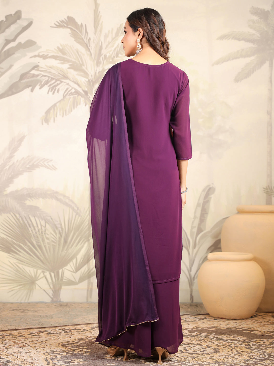 Dark Purple Georgette Mirror Work Kurta Palazzo Set