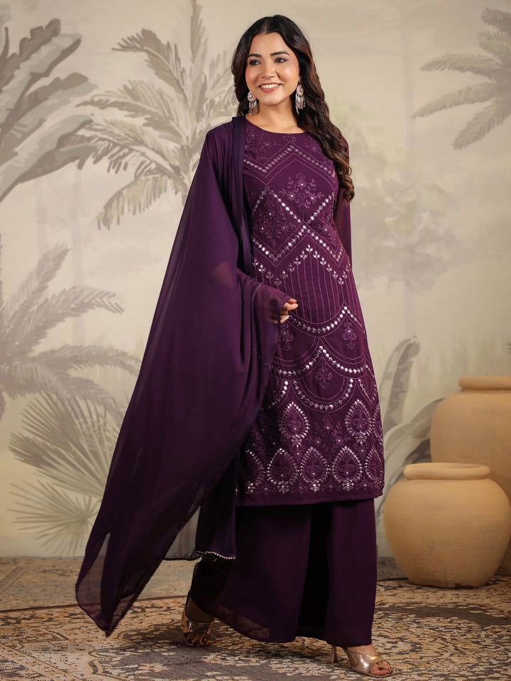 Dark Purple Georgette Mirror Work Kurta Palazzo Set