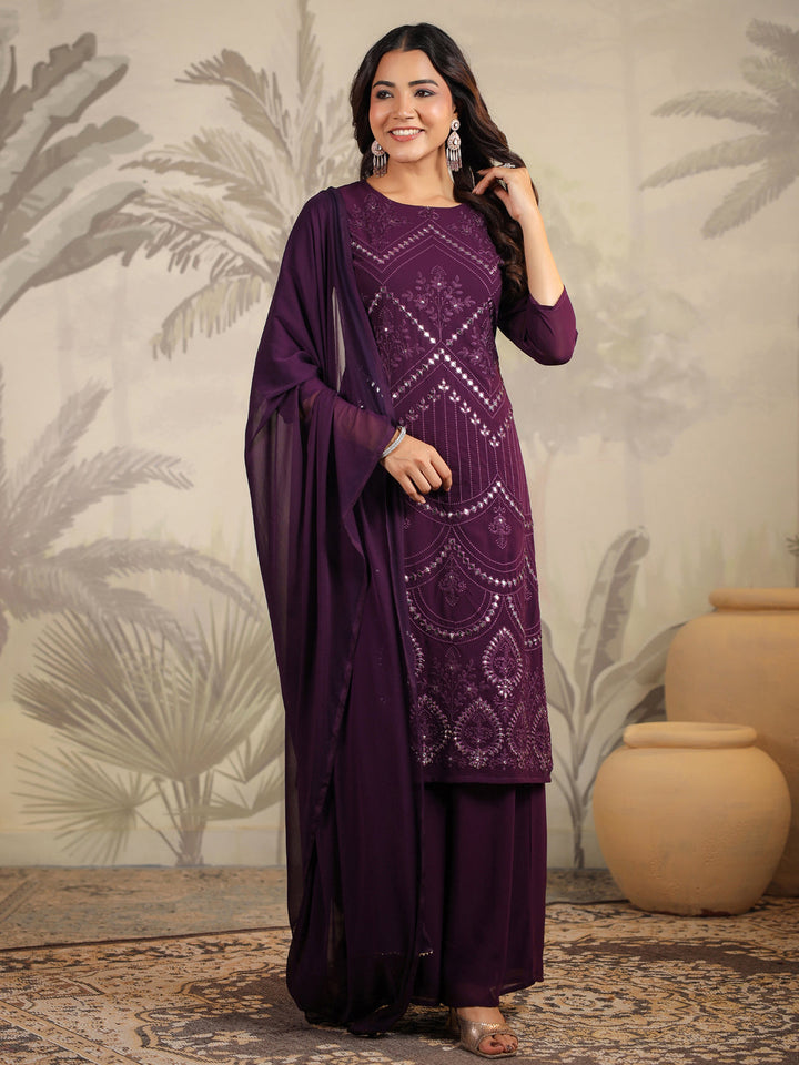 Dark Purple Georgette Mirror Work Kurta Palazzo Set