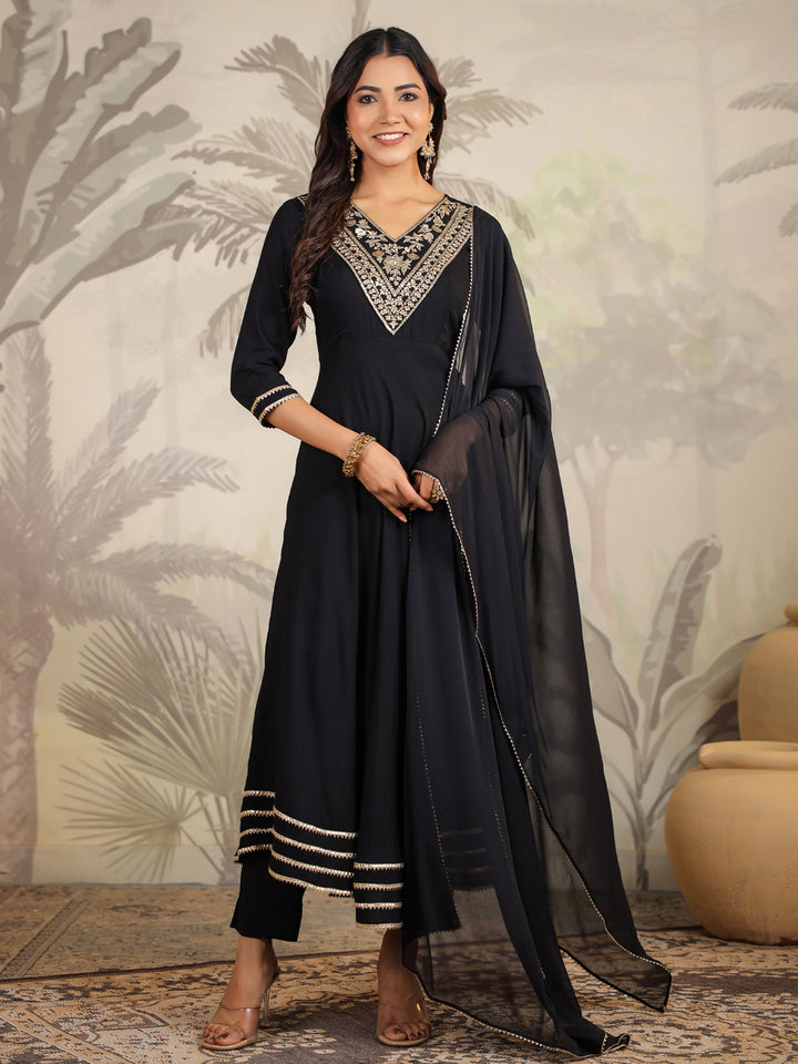 Black Rayon Yoke Embroidered Anarkali Set