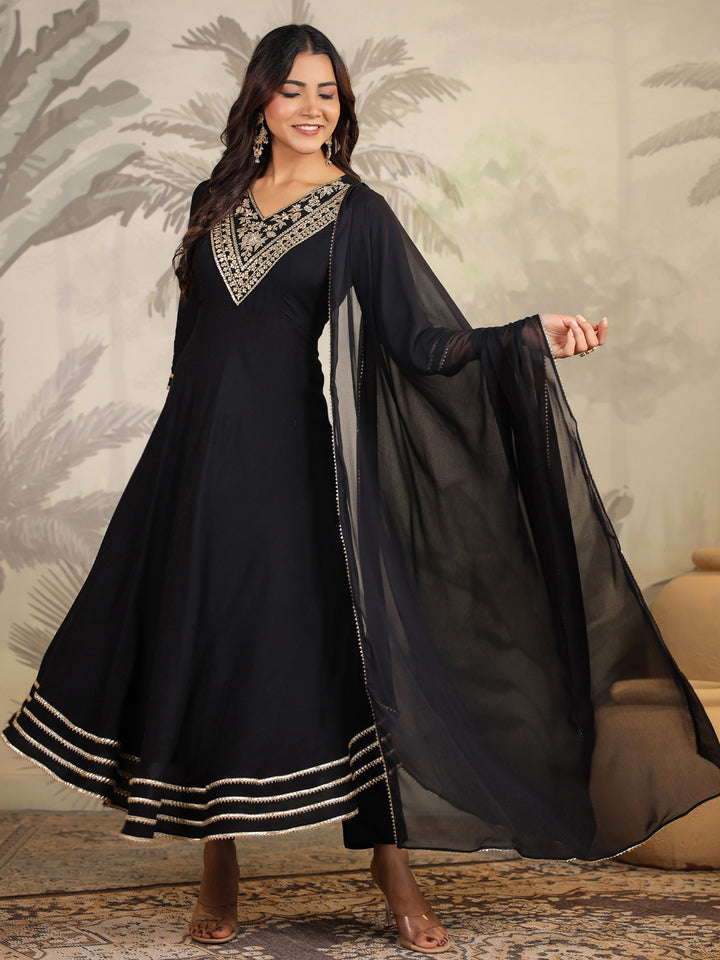 Black Rayon Yoke Embroidered Anarkali Set