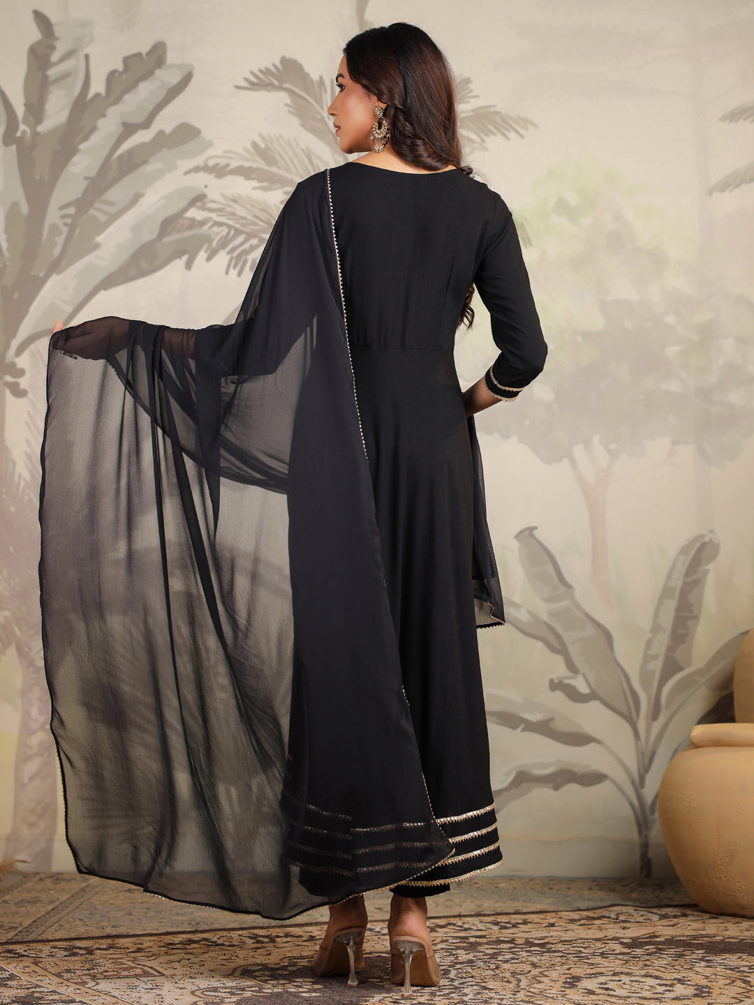 Black Rayon Yoke Embroidered Anarkali Set