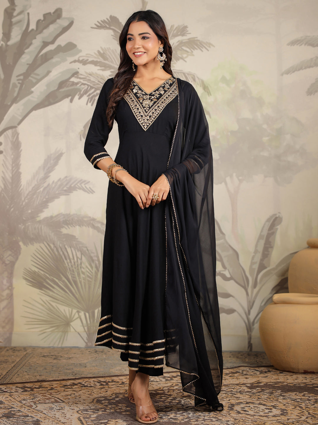 Black Rayon Yoke Embroidered Anarkali Set