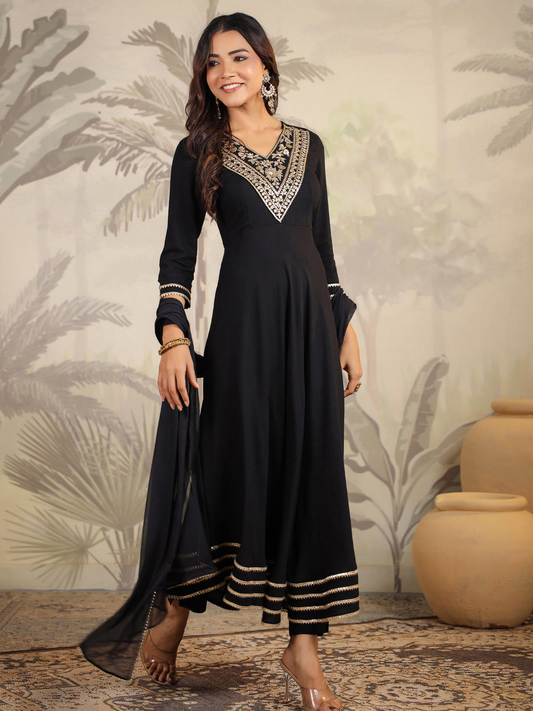 Black Rayon Yoke Embroidered Anarkali Set