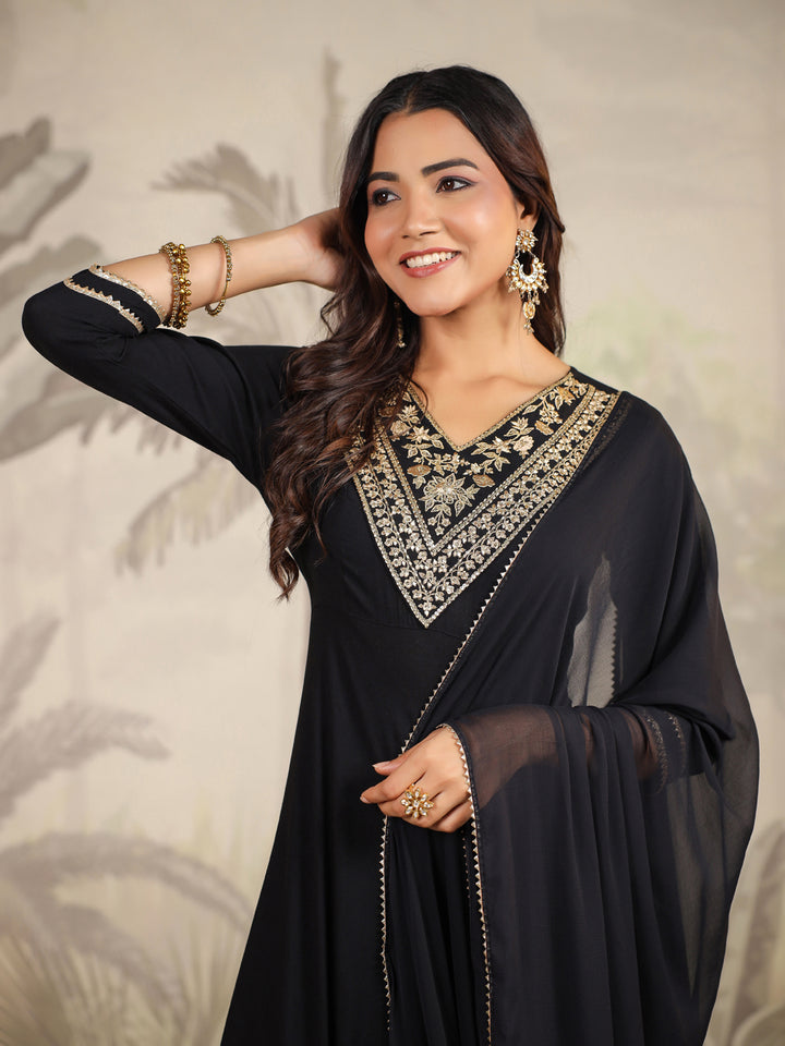 Black Rayon Yoke Embroidered Anarkali Set