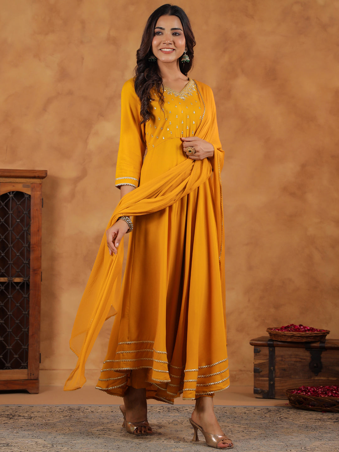 Mustard Rayon Anarkali Embroidered 3-Piece Kurta Set