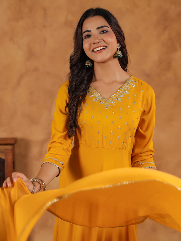 Mustard Rayon Anarkali Embroidered 3-Piece Kurta Set