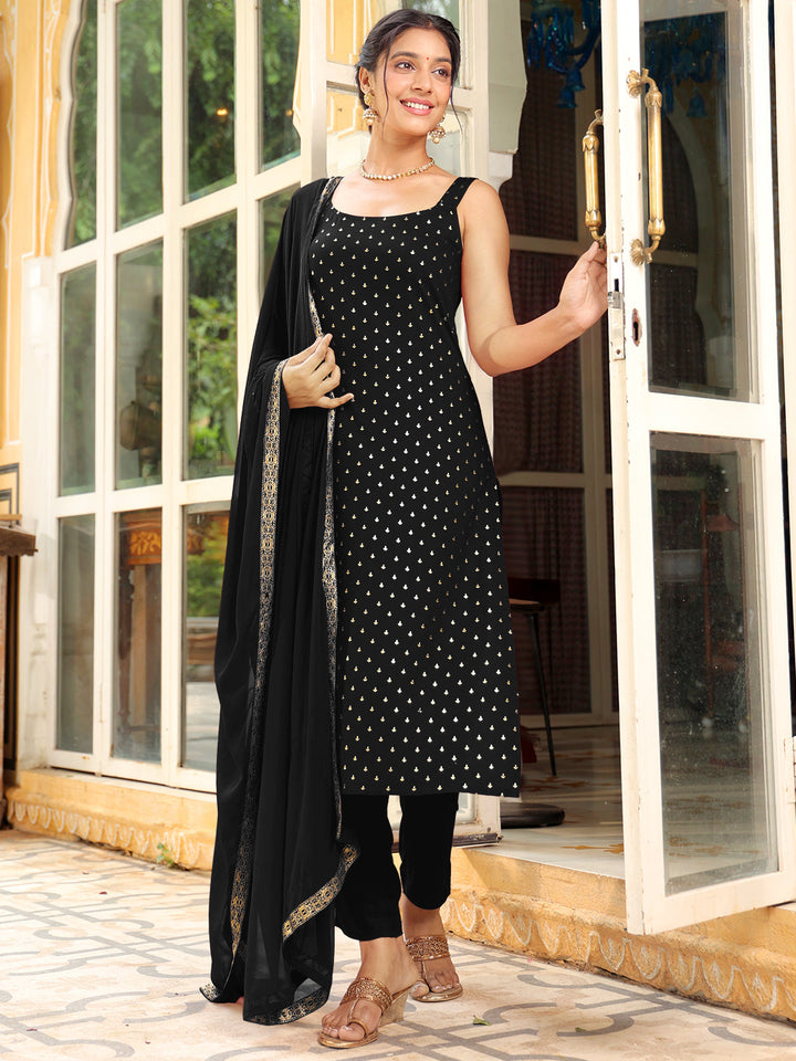 Black-Rayon-Straight-Foil-Print-3-Piece-Kurta-Set