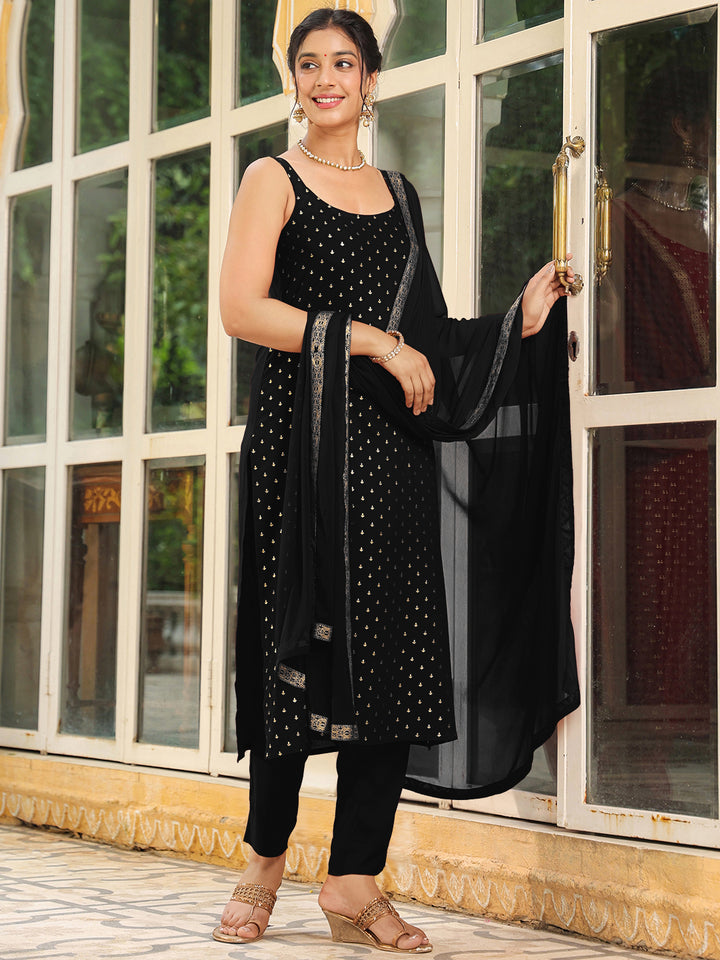 Black Rayon Straight Foil Print 3-Piece Kurta Set
