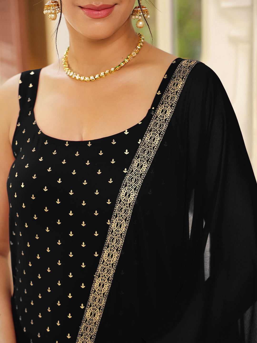 Black Rayon Straight Foil Print 3-Piece Kurta Set