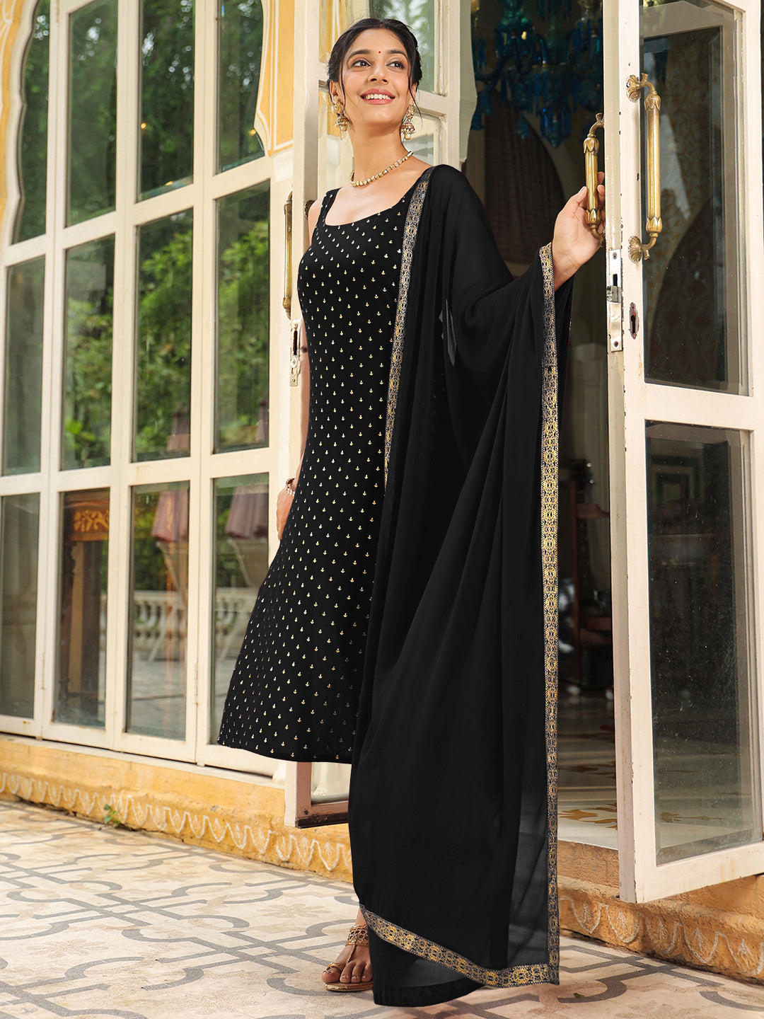 Black Rayon Straight Foil Print 3-Piece Kurta Set