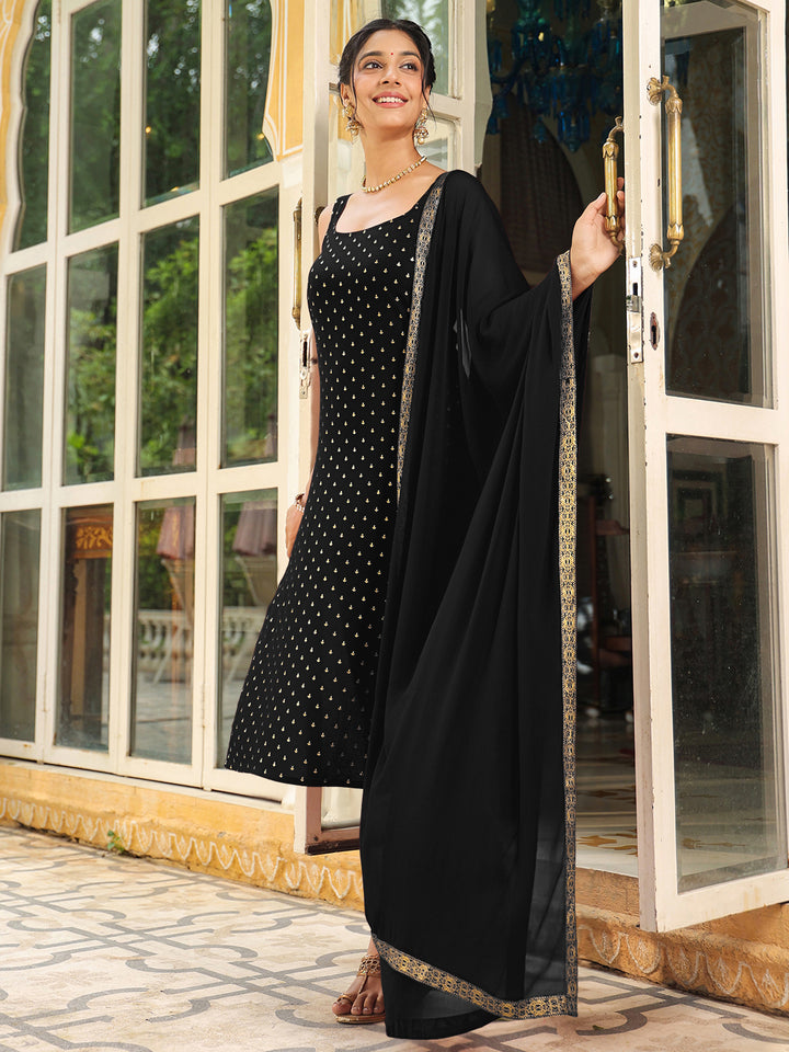 Black Rayon Straight Foil Print 3-Piece Kurta Set