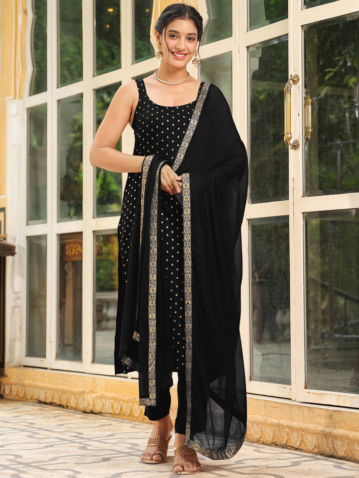 Black Rayon Straight Foil Print 3-Piece Kurta Set