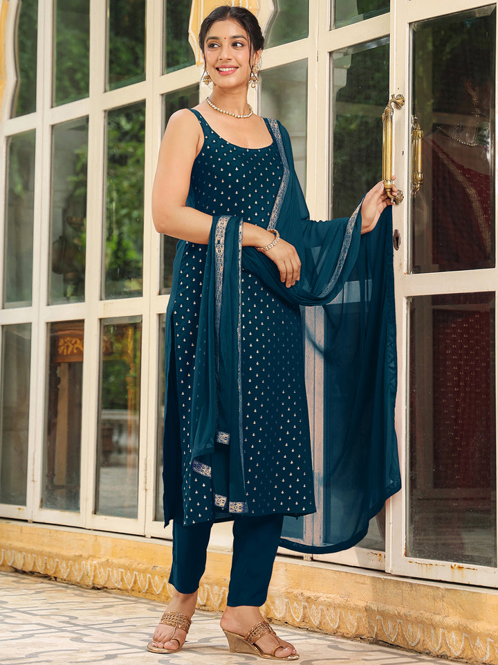 Teal Rayon Straight Foil Print 3-Piece Kurta Set