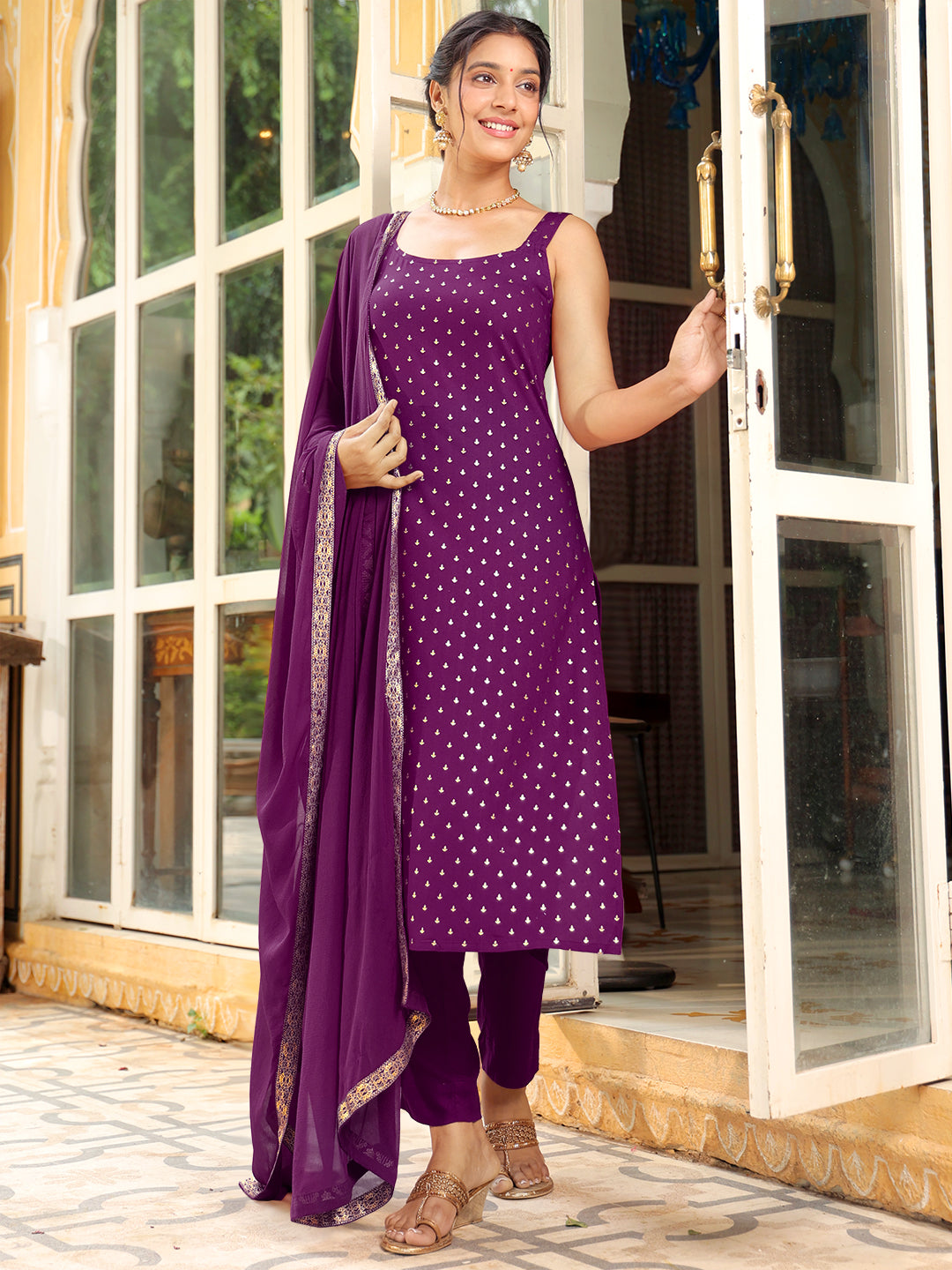 Purple-Rayon-Straight-Foil-Print-3-Piece-Kurta-Set