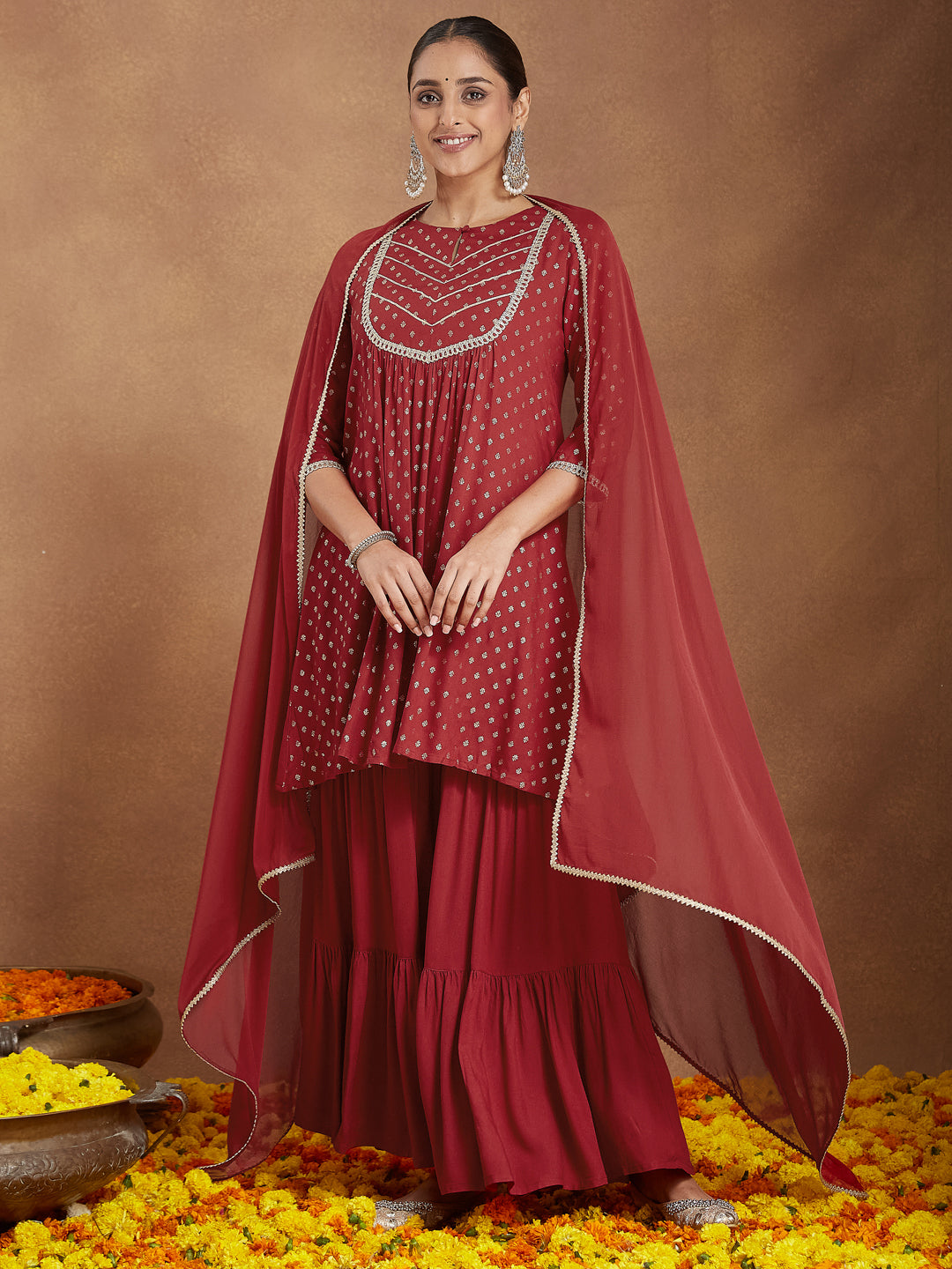 Maroon-Rayon-A-Line-Foil-Print-3-Piece-Kurta-Set