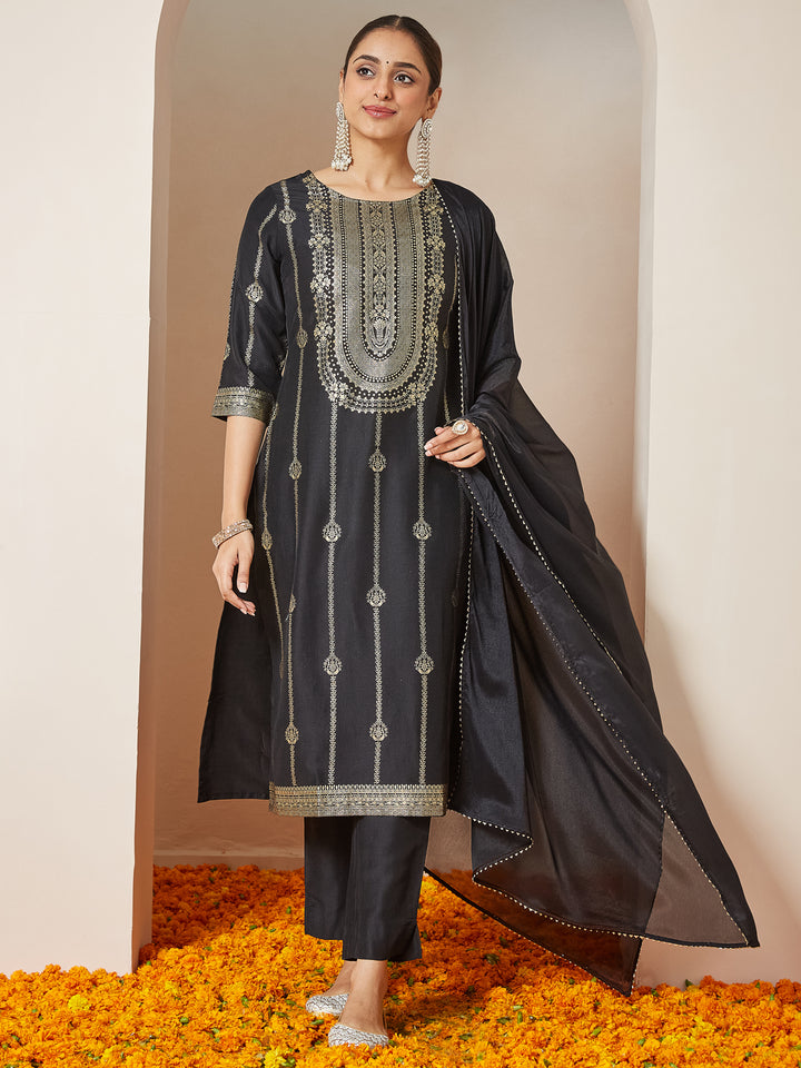 Black Silk Blend Foil Print 3-Piece Kurta Set