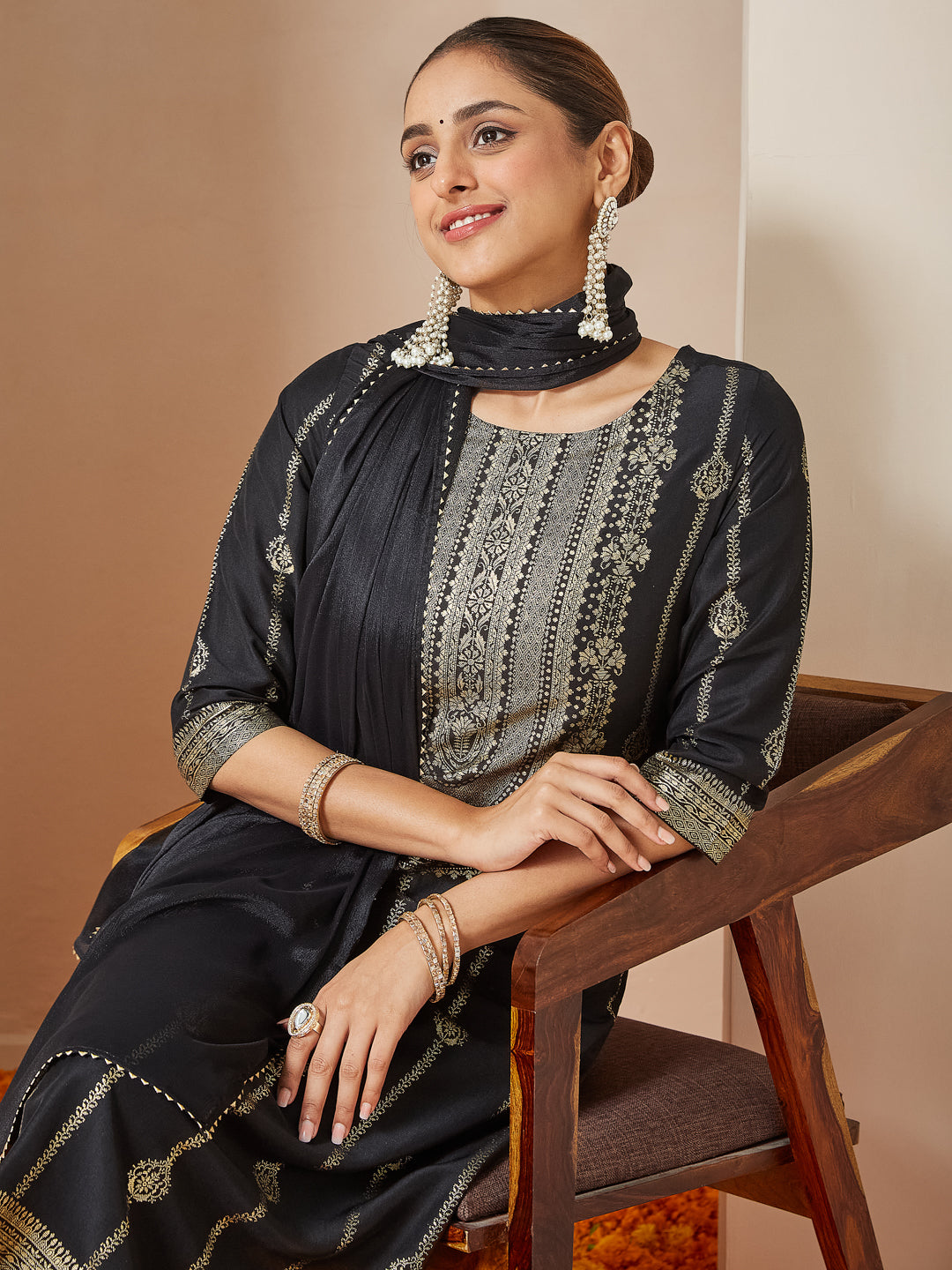 Black Silk Blend Foil Print 3-Piece Kurta Set