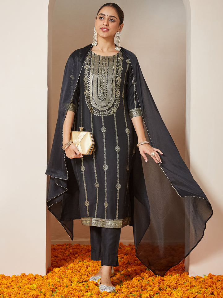 Black Silk Blend Foil Print 3-Piece Kurta Set