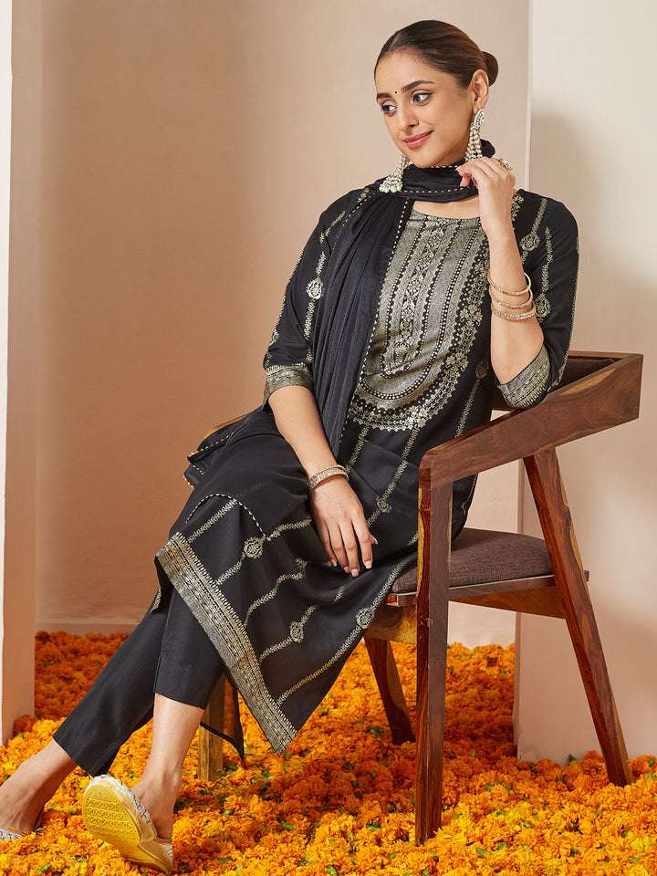 Black Silk Blend Foil Print 3-Piece Kurta Set