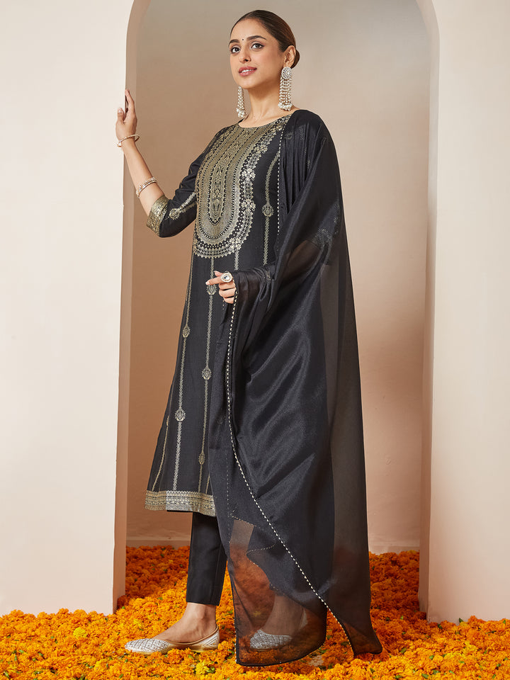 Black Silk Blend Foil Print 3-Piece Kurta Set