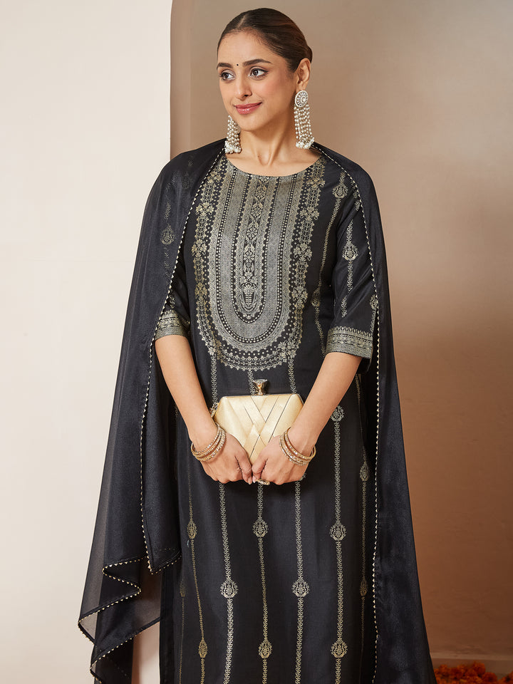 Black Silk Blend Foil Print 3-Piece Kurta Set