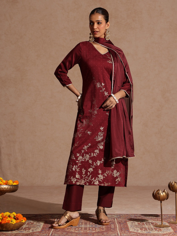 Maroon Silk Blend Foil Print 3-Piece Kurta Set