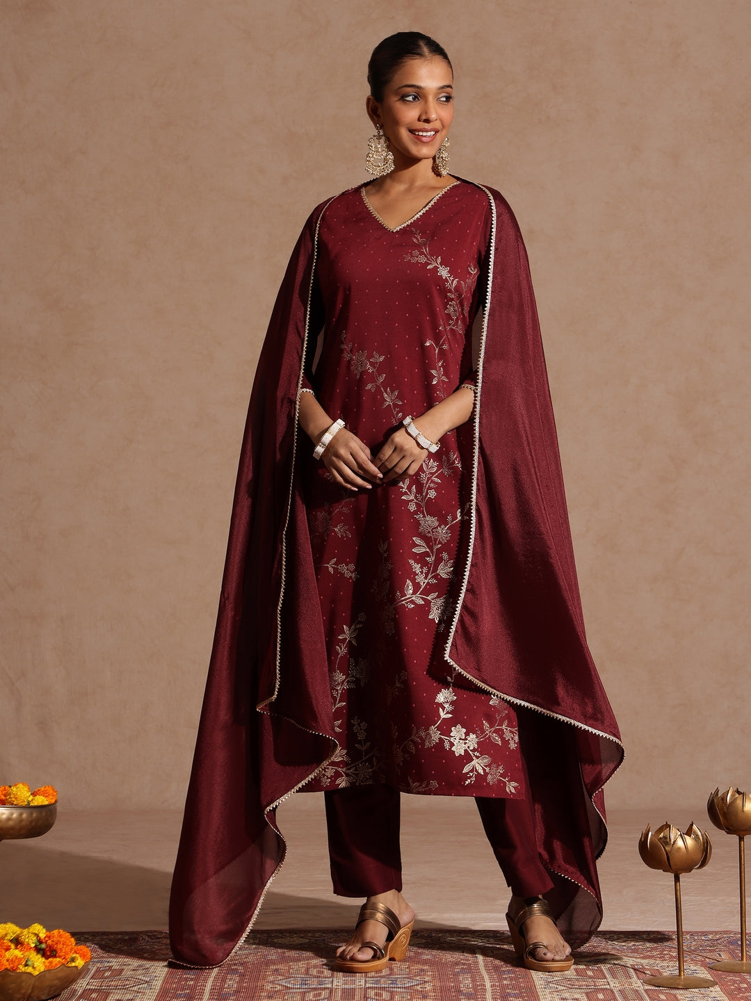 Maroon Silk Blend Foil Print 3-Piece Kurta Set