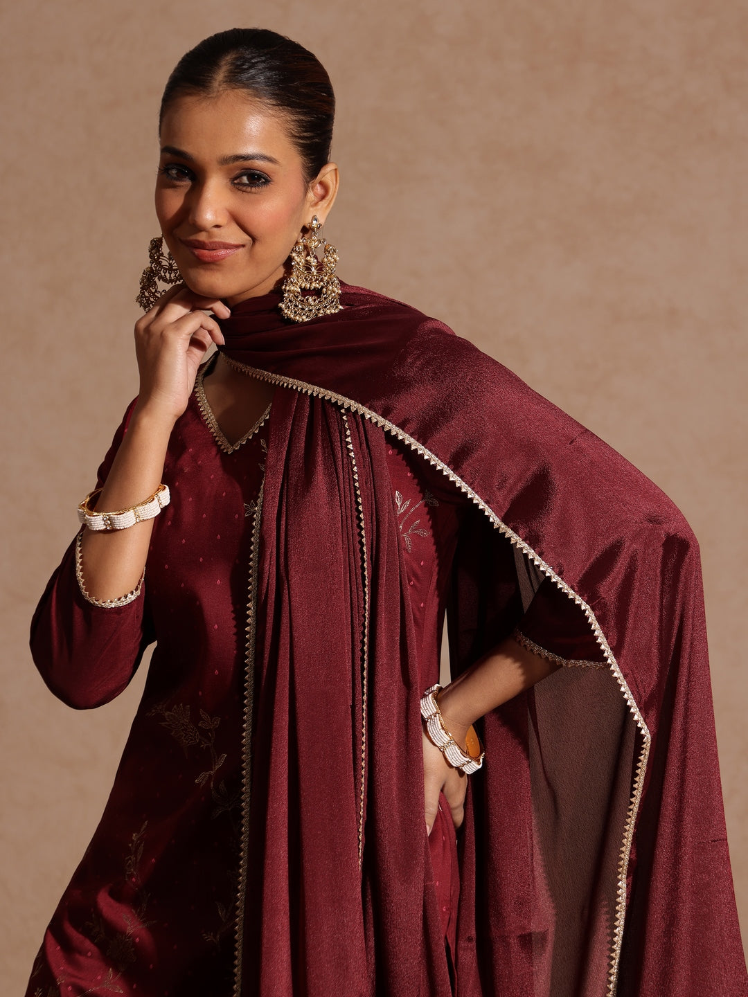 Maroon Silk Blend Foil Print 3-Piece Kurta Set