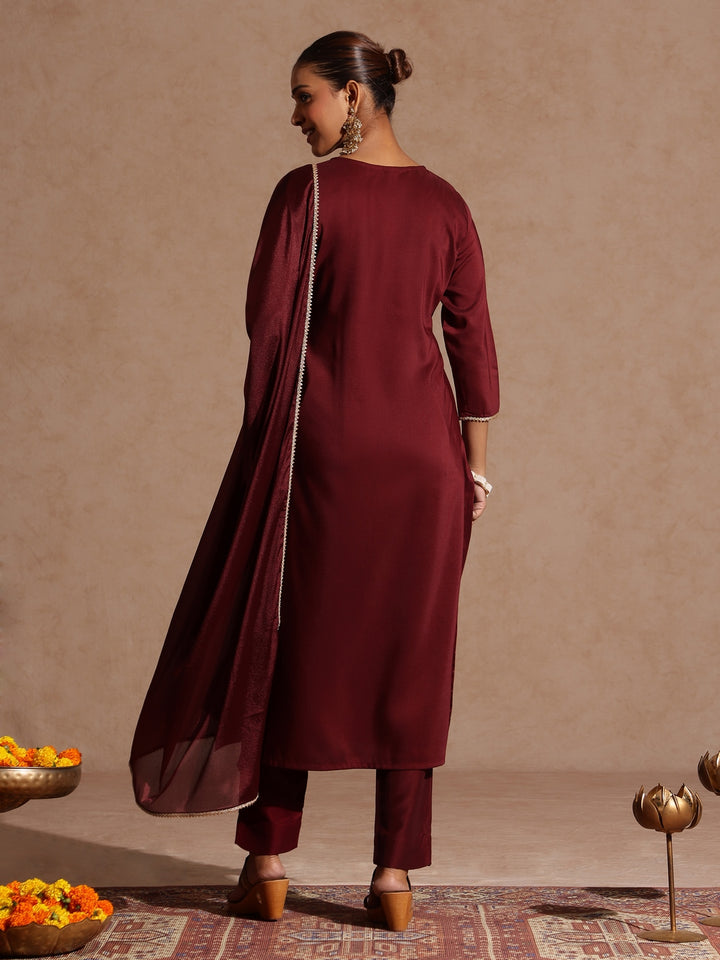 Maroon Silk Blend Foil Print 3-Piece Kurta Set