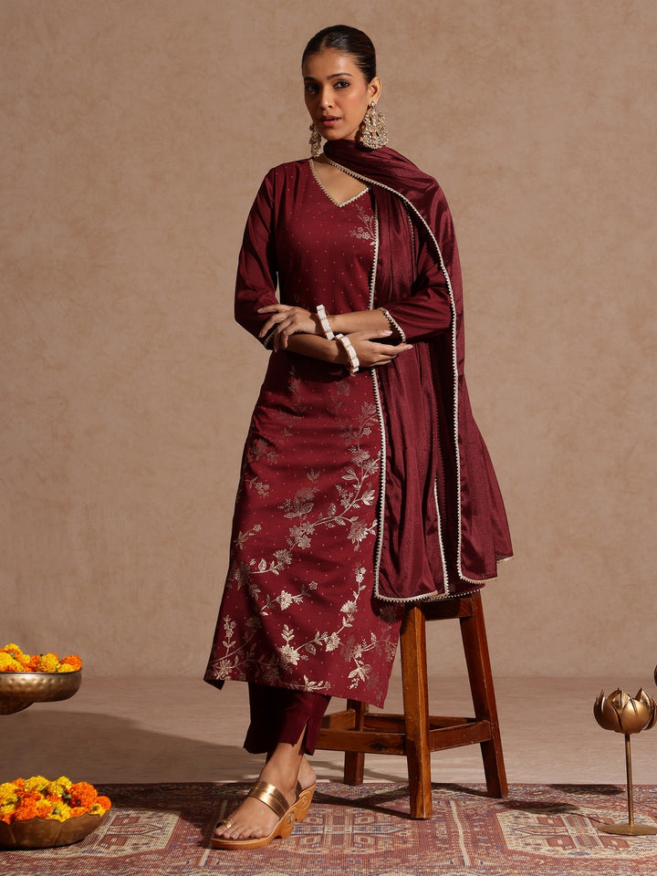 Maroon Silk Blend Foil Print 3-Piece Kurta Set