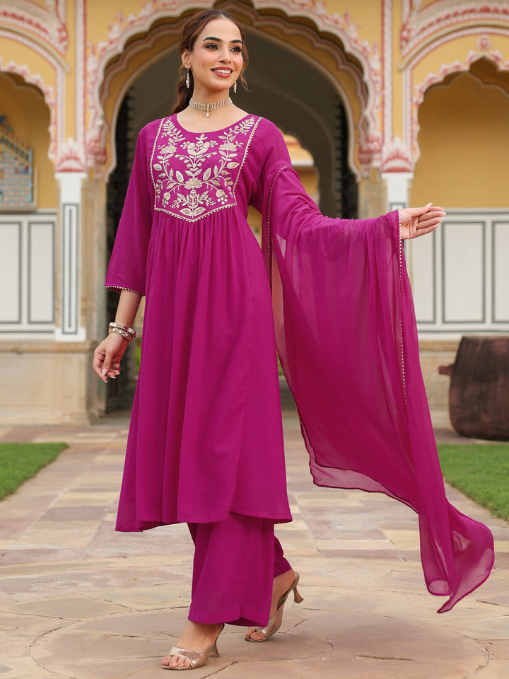Pink Georgette A-Line Embroidered 3-Piece Kurta Set