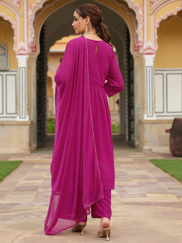 Pink Georgette A-Line Embroidered 3-Piece Kurta Set