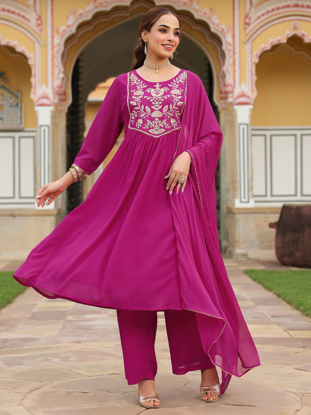 Pink Georgette A-Line Embroidered 3-Piece Kurta Set