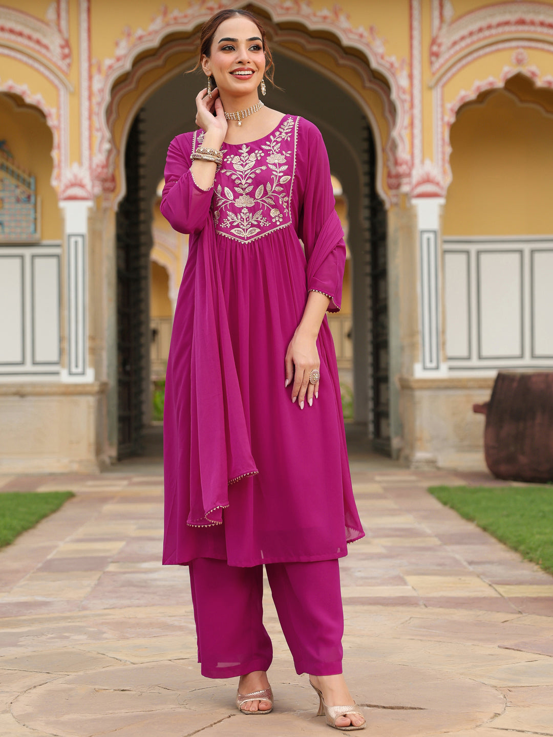 Pink Georgette A-Line Embroidered 3-Piece Kurta Set