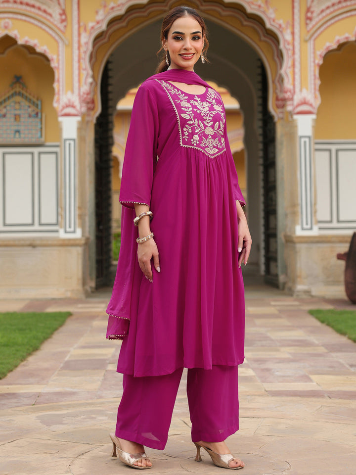 Pink Georgette A-Line Embroidered 3-Piece Kurta Set