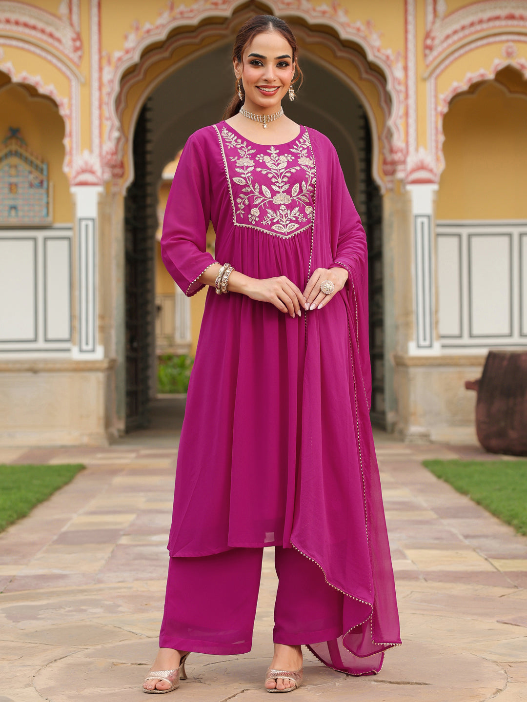 Pink-Georgette-A-Line-Embroidered-3-Piece-Kurta-Set